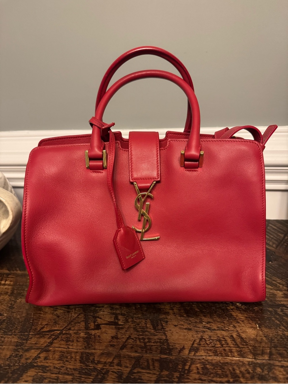Saint Laurent Red Leather Top-Handle Satchel with Gold YSL Logo